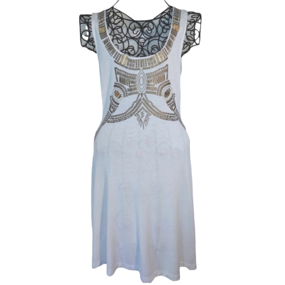 Ivory Gold Embellished Comfy Sleeveless S-Line Dress Small